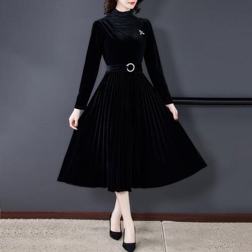 2021 Women Elegant Black Velvet Turtelneck Dresses Spring Autumn Casual Vintage 3XL Plus Size Midi Dress Bodycon Party Vestidos