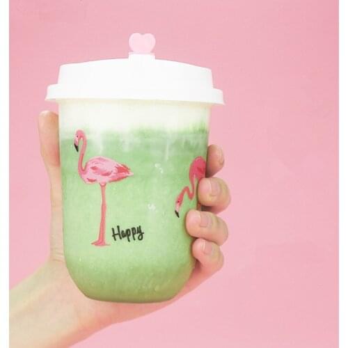 50pcs Net red thick milk tea cup 500ML transparent cartoon disposable fruit juice drinking plastic cup party favors cup with lid