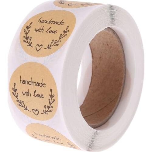 500pcs Natural Handmade With Love Kraft Paper Stickers Round Adhesive Labels Baking Scrapbooking Wedding Party Favors