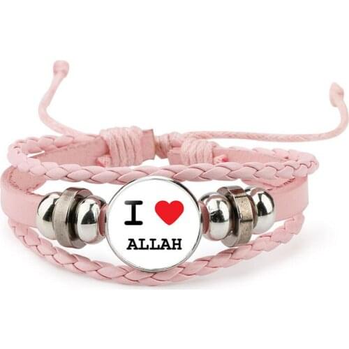 Unisex Women Men Glass Time Gem Islamic God Allah Bracelets & Bangles Punk Arabic Muslim Multilayer Leather Bracelets