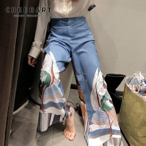 CHEERART Japanese Wide Leg Pants Women Ukiyoe Print Summer Pants Loose Trousers Palazzo Pants Blue Clothing