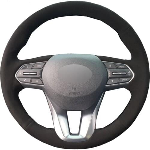 Black Faux Suede DIY Hand-stitched Car Steering Wheel Cover for Hyundai Santa Fe 2019 2020