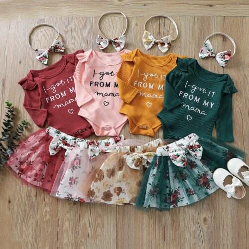 Spring Autumn 2Pcs Baby Outfits Letters O-Neck Long Sleeves Bodysuit + Floral Mesh Skirt with Bowknot for Girl 0-24 Months