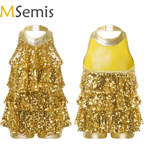 Kids Halter Shiny Sequins Gymnastics Unitards Dress Girls Ballet Leotard Stage Performance Latin Jazz Dance Costume