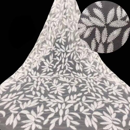 French Mesh White Lace Fabric Sequins Beads Tube Craft Tulle Embroidery Sewing DIY Party Wedding Bridal Dress 5 Yards Wholesale