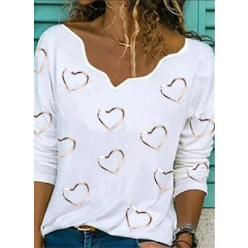 New womens long-sleeved love printed V-neck bottoming all-match T-shirt women clothing