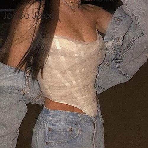 Jocoo Jolee 2021 Women Summer Street Mesh Sleeveless Strapless Corset Crop Tops Backless Solid Irregular Zipper Tops Party Club