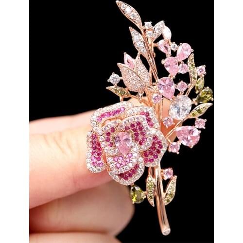 Beautiful Pink Rose Brooches for Women Suit Coat Dress Jewelry Fashion Rhinestone Pin Brooch Pins Christmas Gift saree brochers
