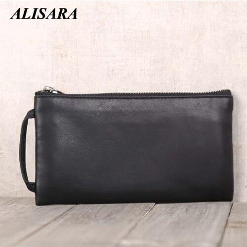 Alisara Men Clutch Bag Genuine Leather Top End Handmade Male Long Zipper Phone Purses Sheepskin Simple Slim Business Wallets
