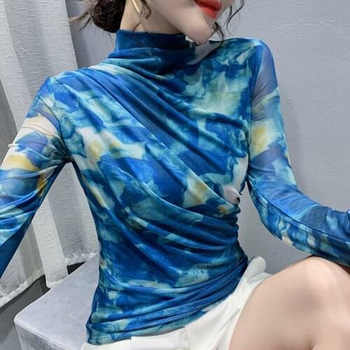 New 2021 Autumn Winter Womens T-Shirt Turtleneck Long Sleeve Print Mesh Shirt M-3XL Plus Size Women Clothing Blusas