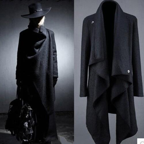New Fashion Mens irregular mid-length wool coat mens version of the Korean fashion personality cloth trench coat night show