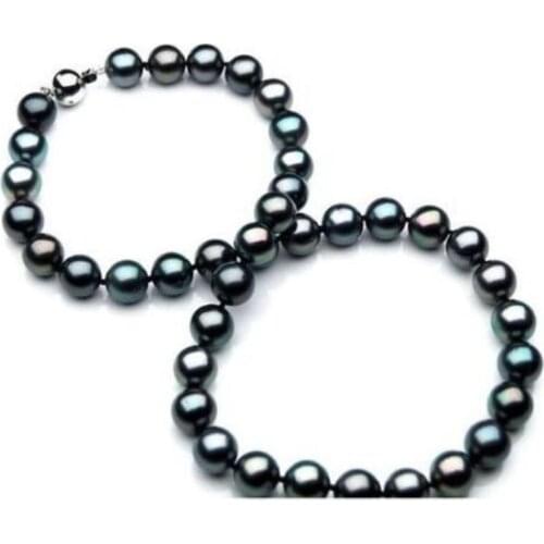 Free shipping stunning 10-11mm black green pearl necklace 18inch 925s