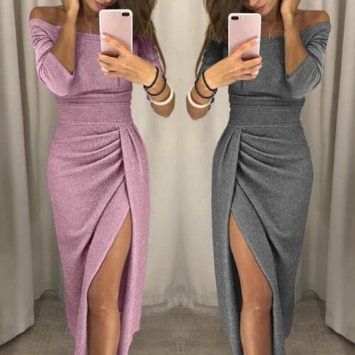 Sexy One Off Shoulder Dresses Sequined Strap Backless Split Long Dress Fashion Fall 2020 Elegant Ladies Party Club Dresses Women