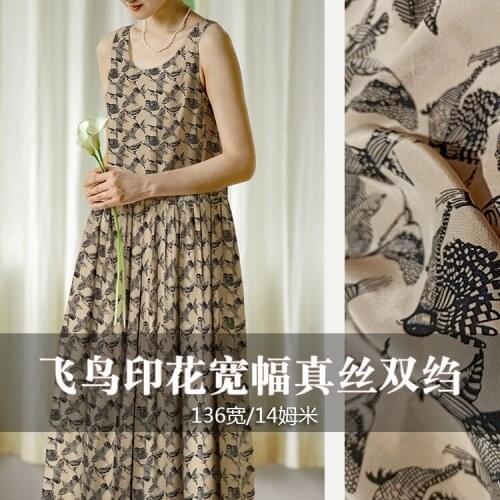 1 Meter Flying Bird Printed Silk Crepe De Chine Fabric, Retro Literary Style Summer Shirt, Dress Fabric
