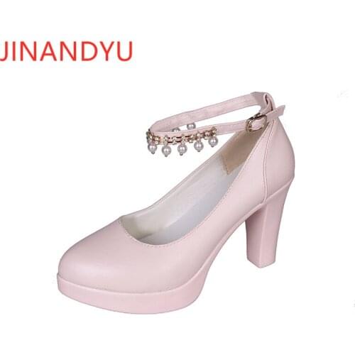 Large Size High Heels Office Shoes Block Heels Ladies Platform Shoes Pearl Party Shoe Woman Pumps Pink Black Loafers Women Heel