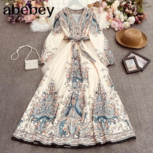 2021 New Spring Retro All-match V-neck long sleeve Dress single breasted lace up waist slim floral Dress