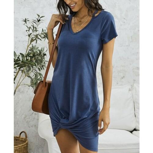 Women Solid Color Dress Adults Twist Knot Cutout V-neck Short Sleeve (Black, Grey, Dark Blue)