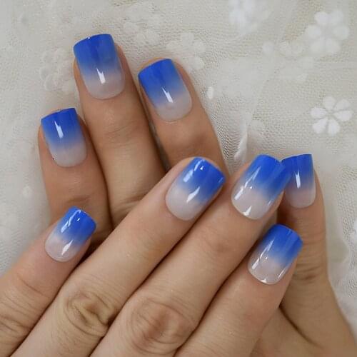 Diamond Blue French Nail Ombre Short Press On Nails Shiny Quality Square Ladies Designed Faux Ongle 24 Ct