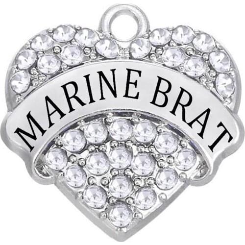Colorful Rhinestone inlaid MARINE BRAT heart-shaped metal pendant FIT for necklace bracelet DIY charm
