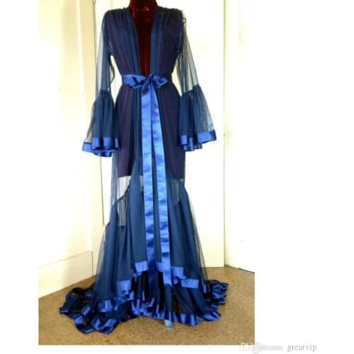 Royal Blue Long Women Night Robe Bathrobe Tulle Pyjamas Bridal Party Bride Bridesmaid Robes Nightgowns Lingeries Wedding Gifts