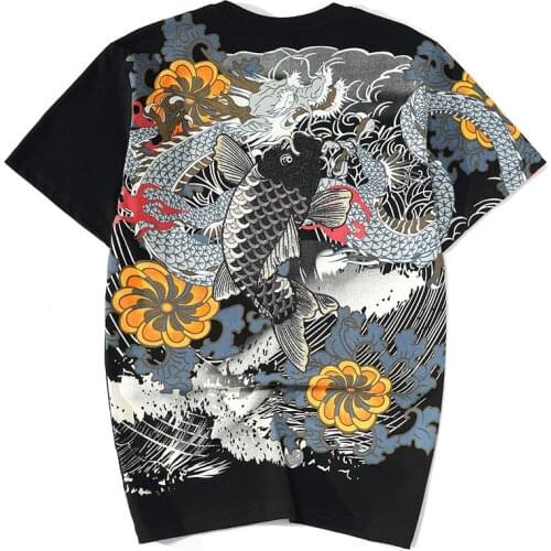 2021 Summer Mens T-Shirts Cotton Vintage Brocade Carp Embroidery Oversized Short Sleeve Tshirt Fish Top Tee Punk Clothing B168