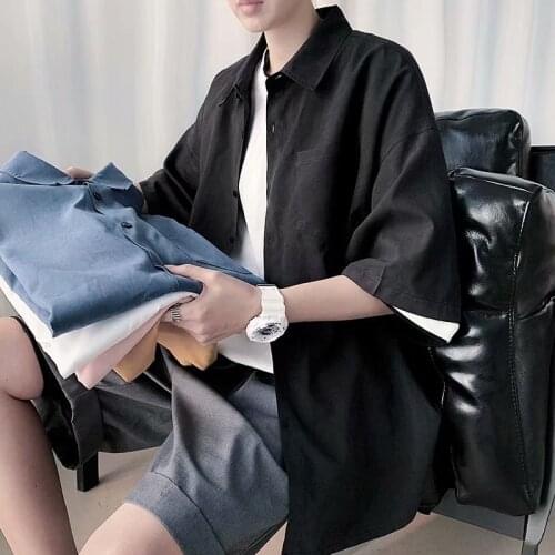 T Shirts Men Japan Style Summer Casual Shirts Short-sleeved Young Students New Loose 2021 Daily Solid Black White Shirts