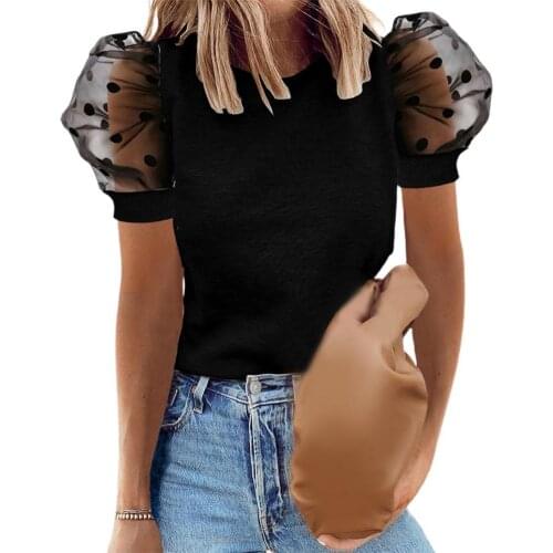 Women T-shirt Summer Spring Hollow Out Mesh Puff Short Sleeve Cotton Blend Beads O Neck T-Shirts Summer Womens Clothing