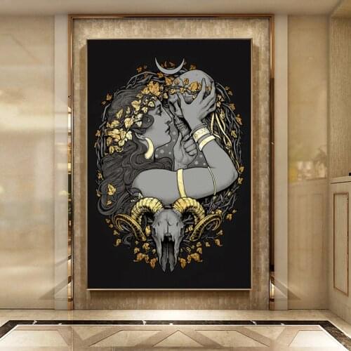 Gothic Goddess Skull Vine Canvas Painting Mythology Figure Posters Prints Black and Gold Pictures for Living Room Decoration