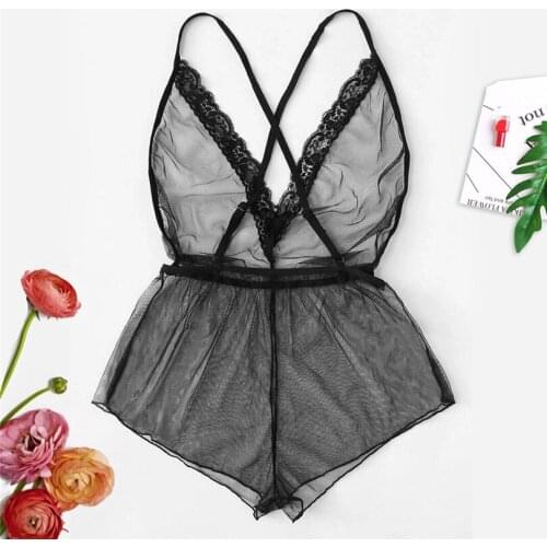 Lace Erotic Lingerie Trim V-Neck Backless Cross Strap Bodysuit Jumpsuit Lingerie Pajamas Soutien Gorge Sexy Erotique 30NOV18