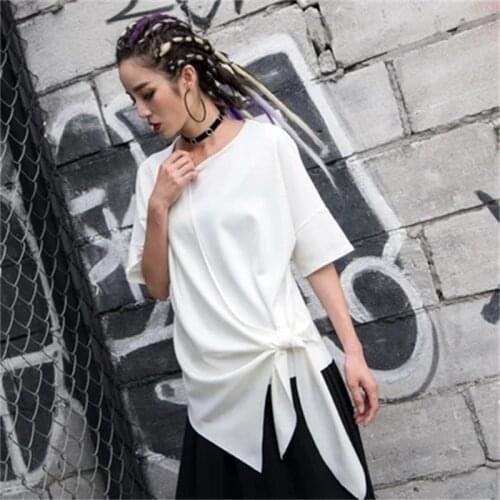 2021 summer new t-shirt Europe and the United States irregular loose short-sleeved jacket fat MM personality tie splice Womens