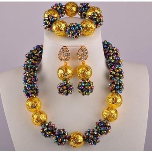 Multicolors Plated Ball Beaded Nigerian Wedding African Beads Jewelry Set Crystal Necklace Sets