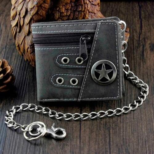 Star Men Boys Fashion Casual Cavans Wallet Ziper Purse w/ Anti Thief Chain gift