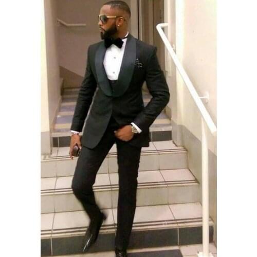 Hot Sale Groomsmen Black Groom Tuxedos Shawl Lapel Men Suits Wedding Best Man Blazer ( Jacket+Pants+Bow Tie+Vest ) C410