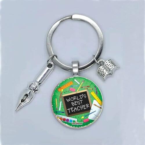 New TeacherS Day Gift Keychain Jewelry Thank You Teacher Cute Pattern Pendant Glass Round Charm Bag Fashion Keychain Souvenir