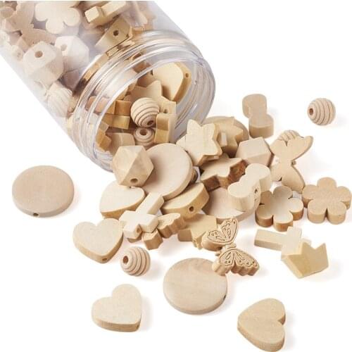 About 100pcs/box Unfinished Natural Wood Beads & Pendants Mix Shape DIY Decoration Jewelry Accessories Findings