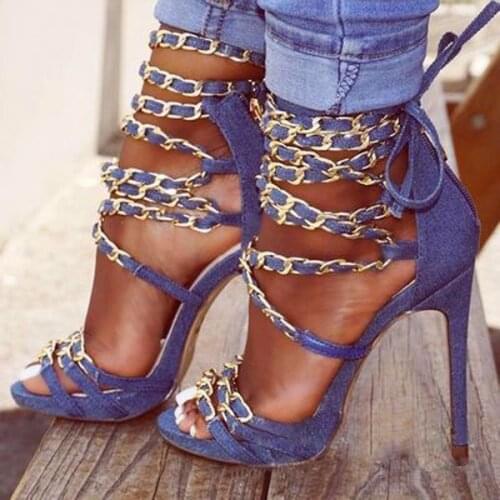 Sexy Blue Cowboy Strap with Chains Peep Toe Sandals Stiletto Heel Gladiator Denim Cloth Cut out Summer High Heels Shoes