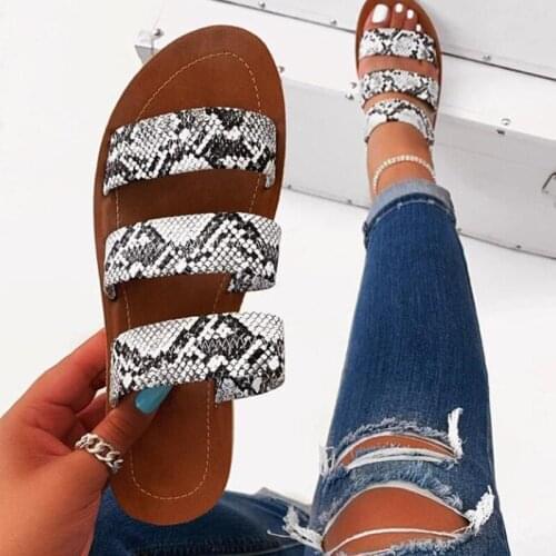 Summer Slippers Women Shoes Snake Print Flat Sandals Plus Size Fashion PU Leather Outdoor Slides Beach Shoes Female Slipper
