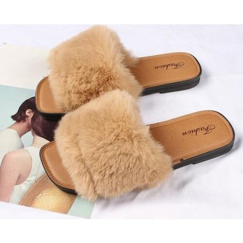 Solid Furry Slides for Women Fashion Autumn Ladies Shoes Leisure Fur Outdoor Female Flip Flops Non-slip Flat Woman Slippers