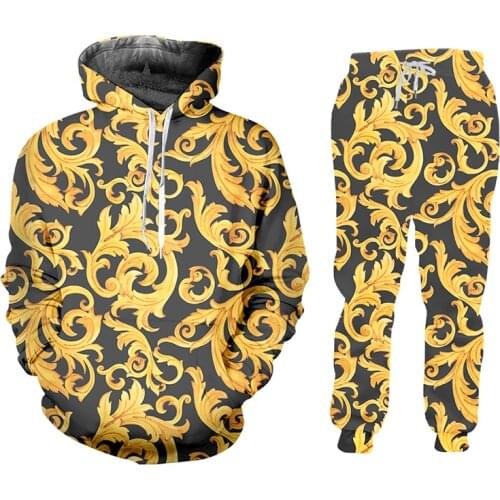 IFPD Baroque Court Style Hoodie Sweatshirt And Jogger Pants Mens Set 3d Print Golden Flower Luxury Tracksuit Women 2-PCS Suits