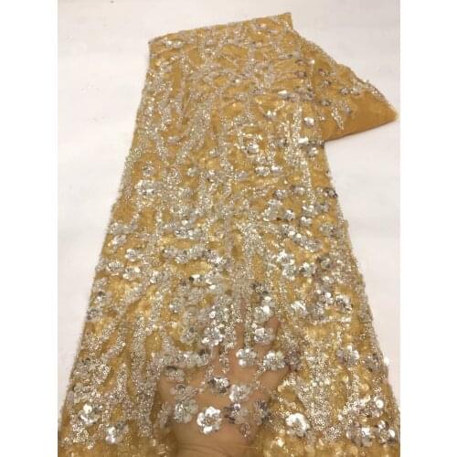 5yards/pc) Rich sequins and beads embroidered French net lace gold African wedding tulle lace fabric high quality FZX117