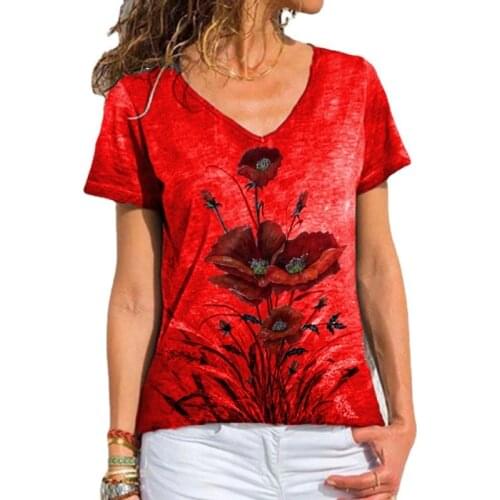 2021 New Women Floral Printed T Shirt Summer Short Sleeve V-Neck Loose Casual Tops Oversized Ladies Streetwear Tee Top Plus Size