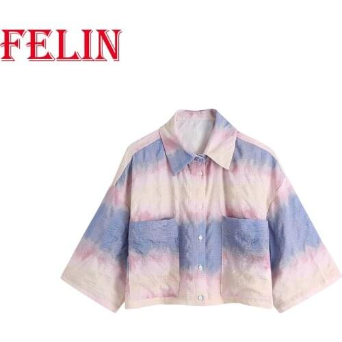 FELIN Za 2021 New Women Summer Tie Dye Short Sleeve Shirt Fashion Pockets Crop Tops Chic Mujer Short Tops Vintage Blouse