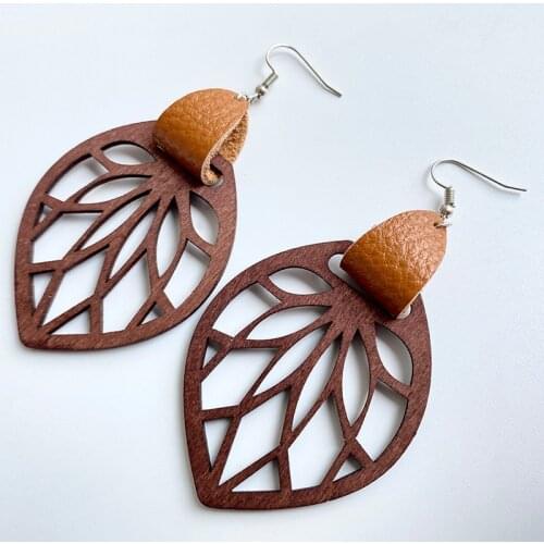 2021 Wholesale Genuine Leather Wrap Cutout Wood Leaf Drop Earrings for Women 2021 Original Design Wooden Jewelry
