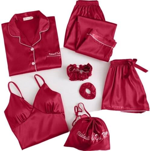 Womens Pajamas Suit Imitation Silk Pajamas Womens Sexy Pajamas Set Spring And Autumn Long Sleeve Household Clothes 7 Pieces