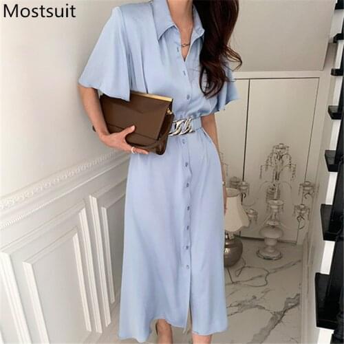 Summer Korean Elegant Shirt Dress Women Short Sleeve Turn-down Collar Single Breasted Long Midi Dresses Vestidos Femme 2021