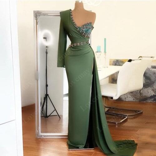 Green Muslim Mermaid Evening Dresses Long Sleeves Formal One Shoulder HIgh Slit For Women Party Crystals Vestidos Para Mujer