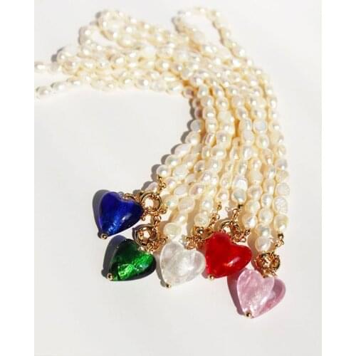Real Baroque pearl necklace with heart charm pink blue red green crystal love heart pendant summer necklace bohemia outer banks