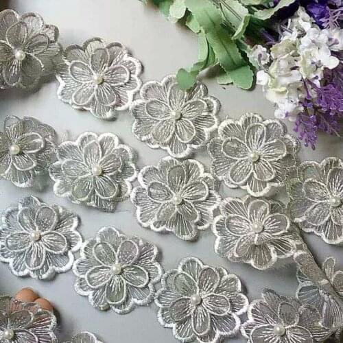 1 yard Gray Pearl Beaded Embroidered Flower Lace Ribbon Trim Floral Applique Patches Fabric Sewing Craft Vintage Wedding Dress