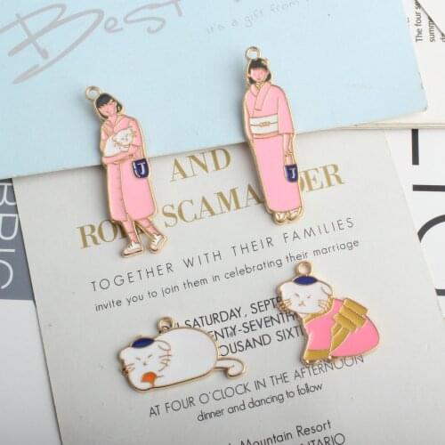 10pcs Japanese clothes girl with cat drip oil accessories cartoon animal alloy small pendant bracelet For DIY fitting