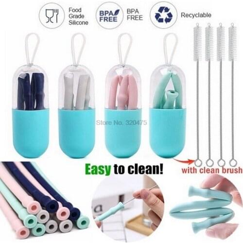 DHL 100pcs Reusable Folding Drinking Straws Collapsible Silicone Straw With Carrying Case And Cleaning Brush Travel Bar Tools